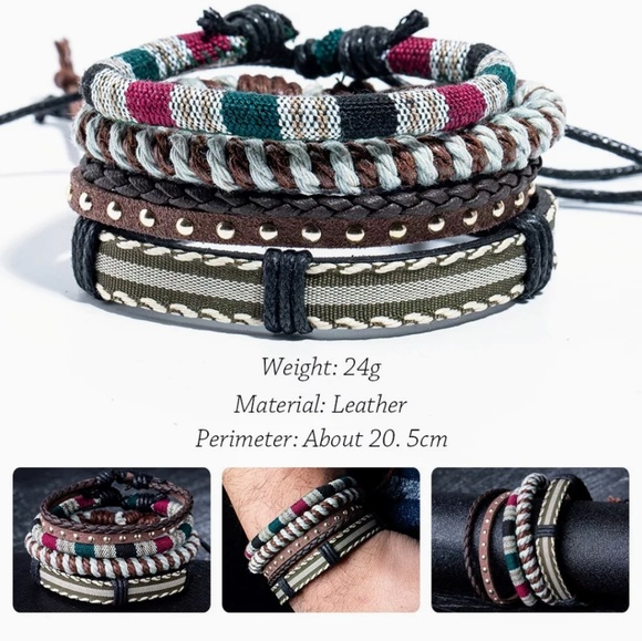 Men's Leather Brown/Green Bracelet Set - Picture 3 of 3